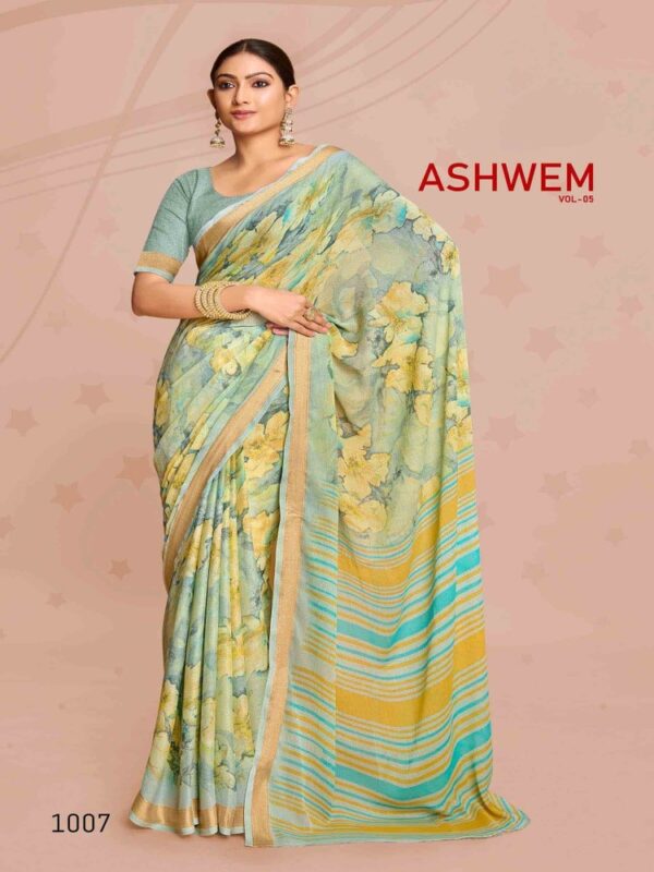 Blue Gray Dull Moss Printed saree