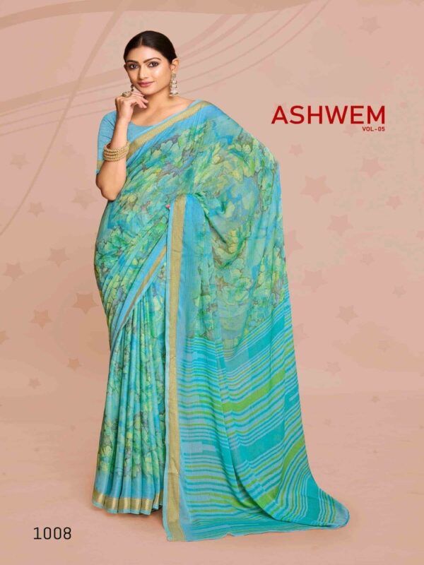 Carmflower Blue Dull Moss Printed saree