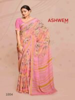 Carnation Pink Dull Moss Printed saree
