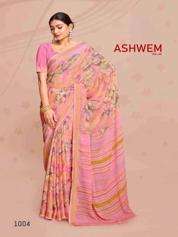 Carnation Pink Dull Moss Printed saree