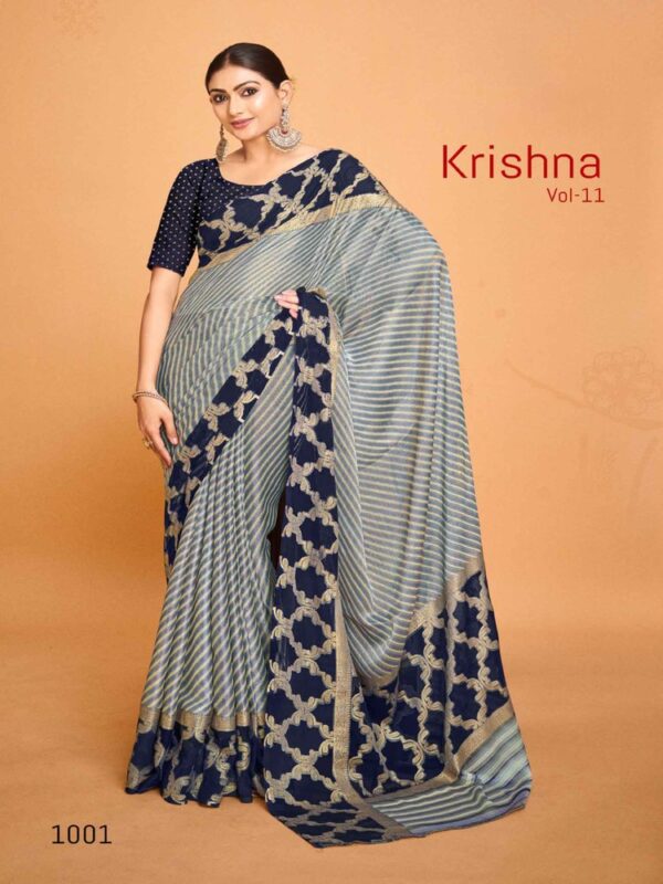 Blue Gray Chiffon Brasso Printed saree