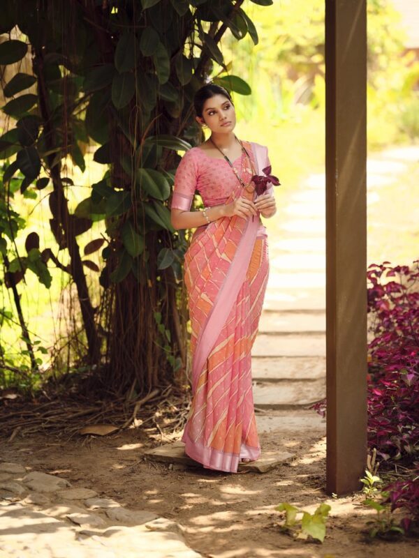 Carnation Pink Dull Moss Leheriya saree