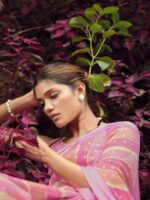 Carnation Pink Dull Moss Leheriya saree