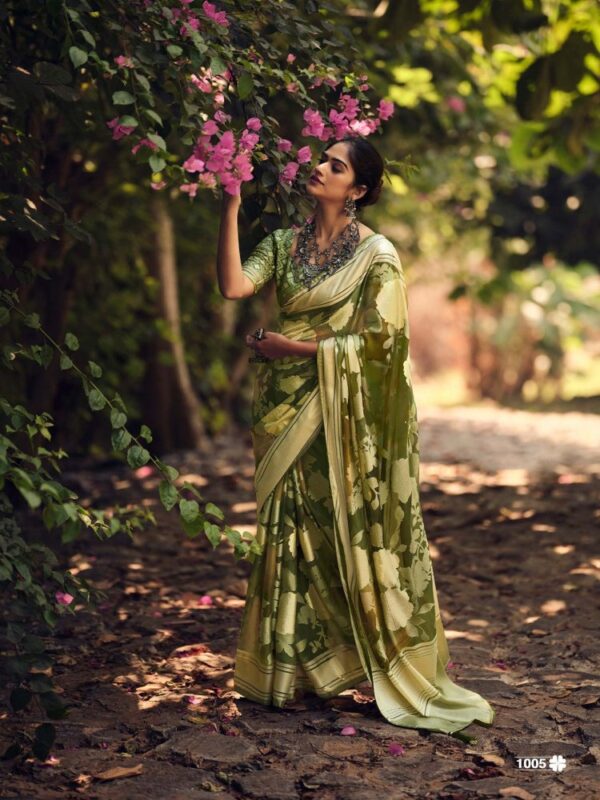 Avocado Green Dull Moss Brasso Fancy Printed saree