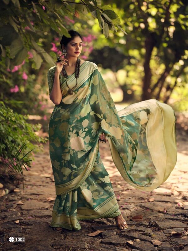 Forest Green Dull Moss Brasso Fancy Printed saree