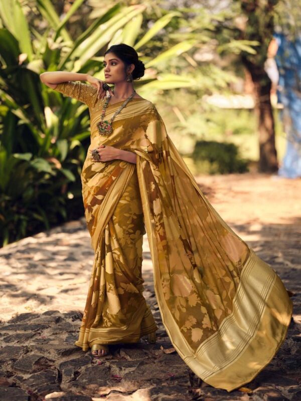 Metallic Gold Dull Moss Brasso Fancy Printed saree