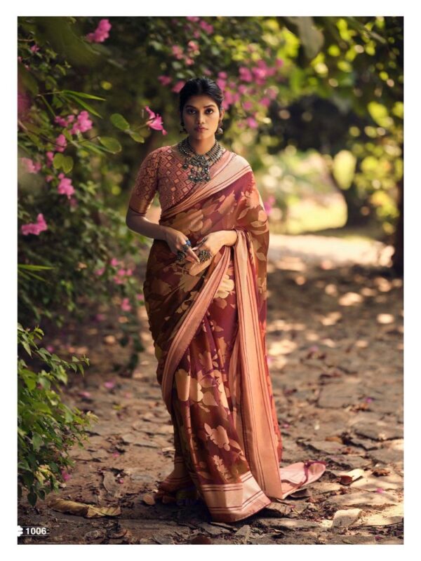 Ruby Red Dull Moss Brasso Fancy Printed saree