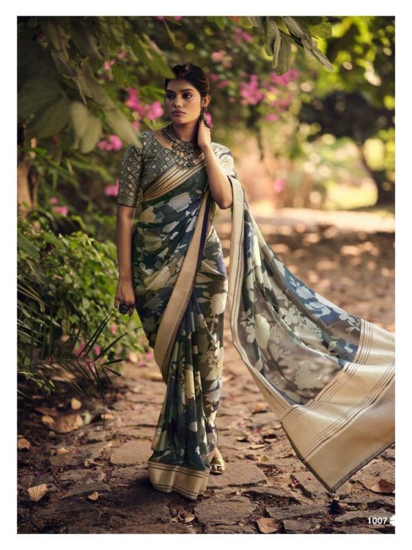 Slate Gray Dull Moss Brasso Fancy Printed saree