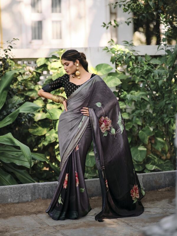 Gunmetal Gray Soft Silk Fancy Printed saree